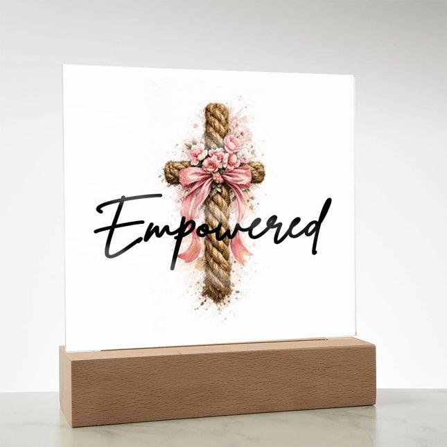 Modern Christian acrylic square for women — "Quiet strength, fully worn" — a faith-forward gift, ready to give