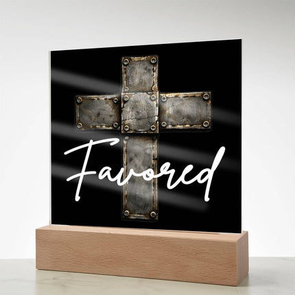 Favored Cross LED Acrylic Square Plaque – Christian Gift for Men