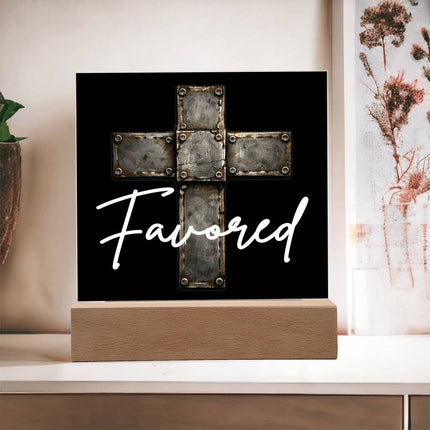 Favored Cross LED Acrylic Square Plaque – Christian Gift for Men