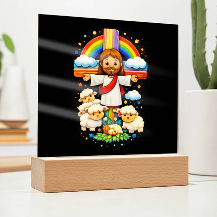 Jesus with Sheep's - Square Acrylic Plaque -Christian Gifts for Kids