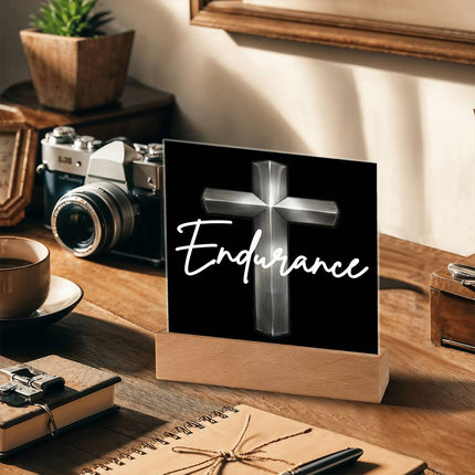 Endurance Cross LED Acrylic Square Plaque – Christian Gift for Men