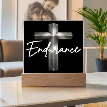 Endurance Cross LED Acrylic Square Plaque – Christian Gift for Men