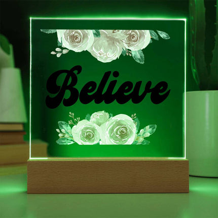Believe Acrylic Plaque | Pink Roses | Clear