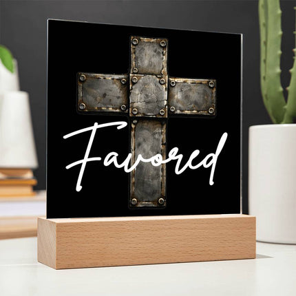 Favored Cross LED Acrylic Square Plaque – Christian Gift for Men