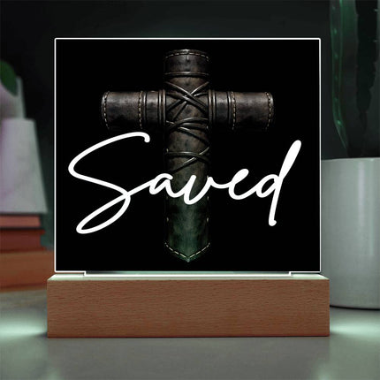 Saved Cross LED Acrylic Square Plaque – Christian Gift for Men