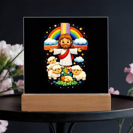 Jesus with Sheep's - Square Acrylic Plaque -Christian Gifts for Kids