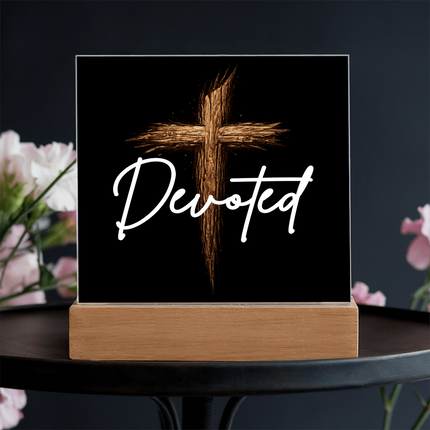Devoted Cross LED Acrylic Square Plaque – Christian Gift for Men