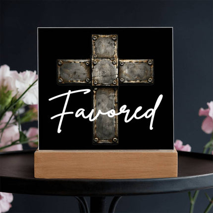 Favored Cross LED Acrylic Square Plaque – Christian Gift for Men