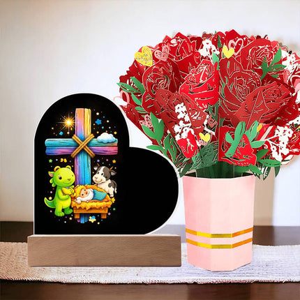Rainbow Cross Frog And Cow | Christian Heart Acrylic Plaque and Sweetest Devotion Flower Bouquet | Gift for Kids