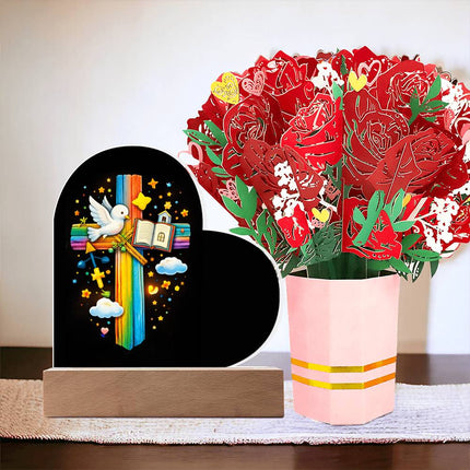 Rainbow Cross Open Bible | Christian Heart Acrylic Plaque and Sweetest Devotion Flower Bouquet | Gift for Kids