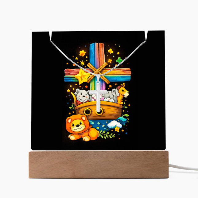 Noah's Ark Rainbow Cross Acrylic Keepsake Plaque – Christian Gift for Kids