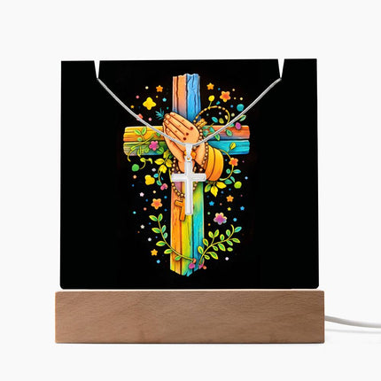Praying Hands & Rosary Rainbow Cross Acrylic Keepsake Plaque – Christian Gift for Kids