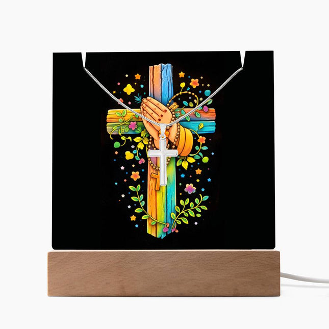 Praying Hands & Rosary Rainbow Cross Acrylic Keepsake Plaque – Christian Gift for Kids