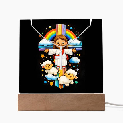 Jesus & Little Lambs Rainbow Acrylic Keepsake Plaque – Christian Gift for Kids