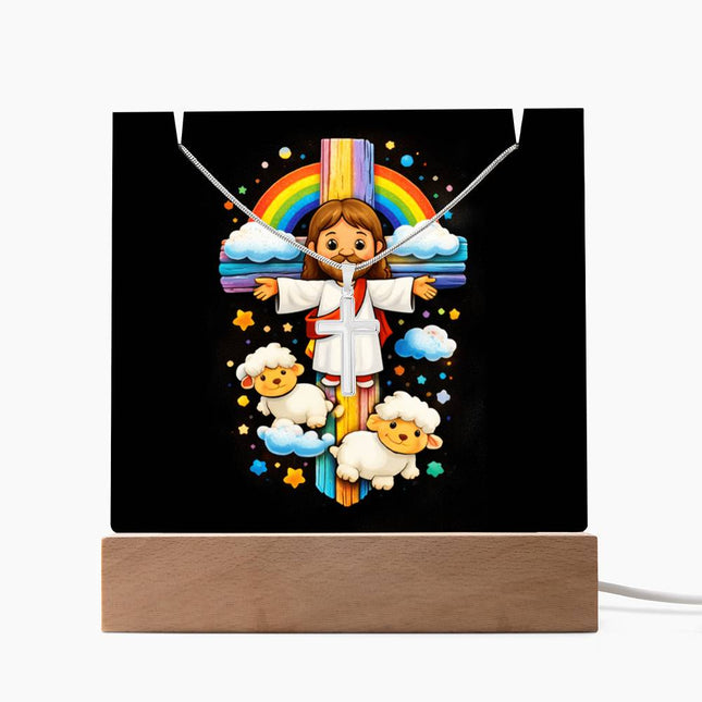 Jesus & Little Lambs Rainbow Acrylic Keepsake Plaque – Christian Gift for Kids