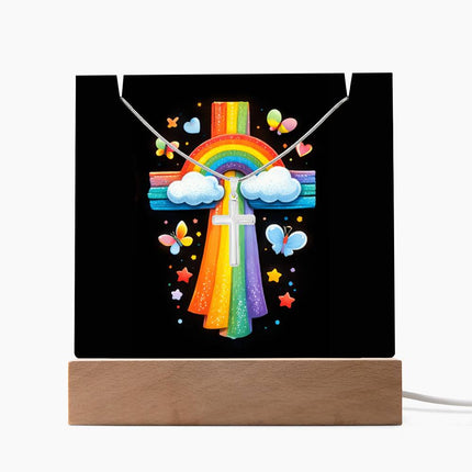 Rainbow & Clouds Cross Acrylic Keepsake Plaque – Christian Gift for Kids
