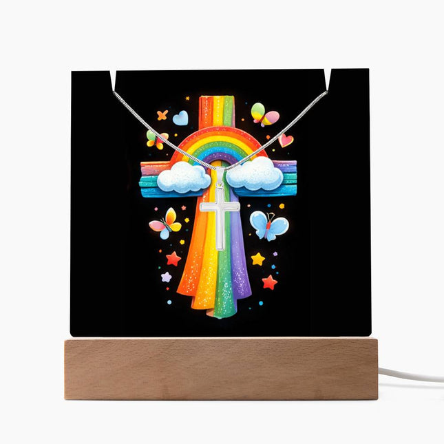 Rainbow & Clouds Cross Acrylic Keepsake Plaque – Christian Gift for Kids