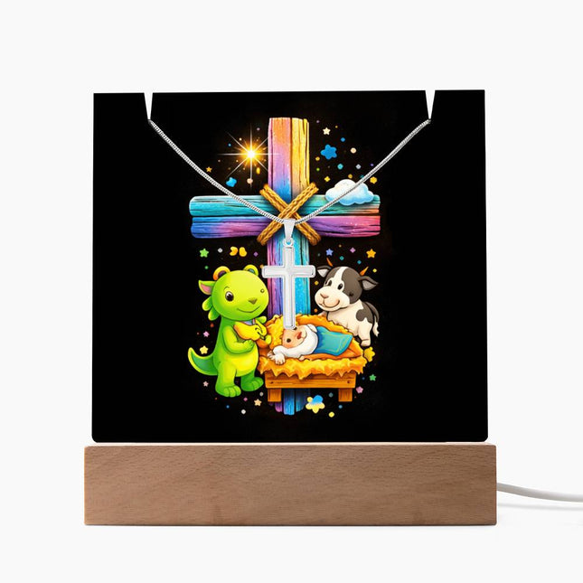 Baby Jesus Nativity & Dino Rainbow Cross Acrylic Keepsake Plaque – Christian Gift for Kids