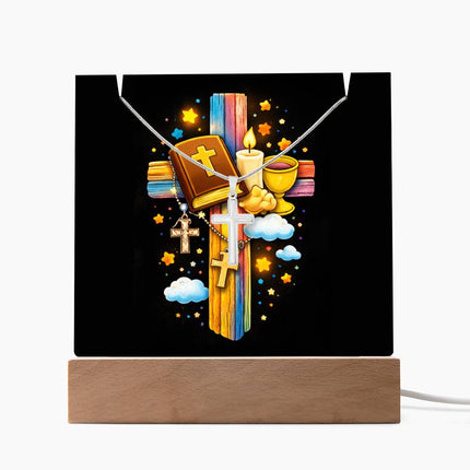 First Communion Bible & Chalice Rainbow Cross Acrylic Keepsake Plaque – Christian Gift for Kids