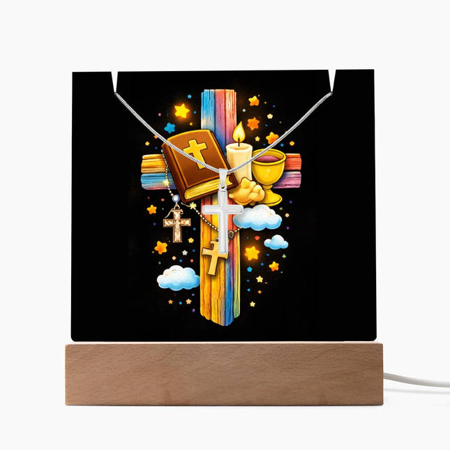 First Communion Bible & Chalice Rainbow Cross Acrylic Keepsake Plaque – Christian Gift for Kids