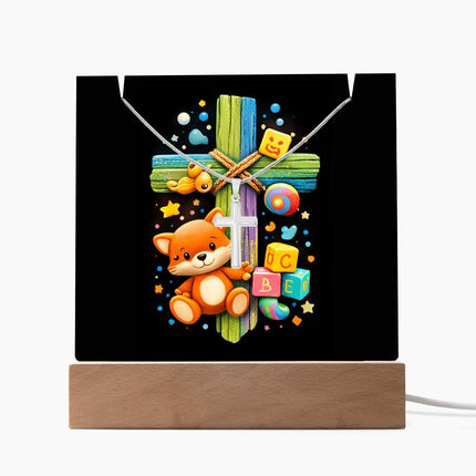 Kitten & ABC Blocks Rainbow Cross Acrylic Keepsake Plaque – Christian Gift for Kids