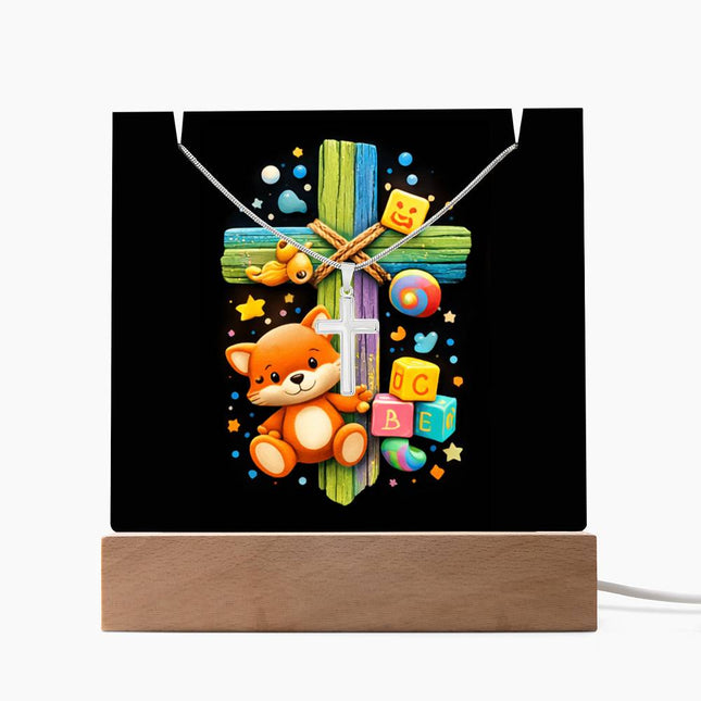Kitten & ABC Blocks Rainbow Cross Acrylic Keepsake Plaque – Christian Gift for Kids