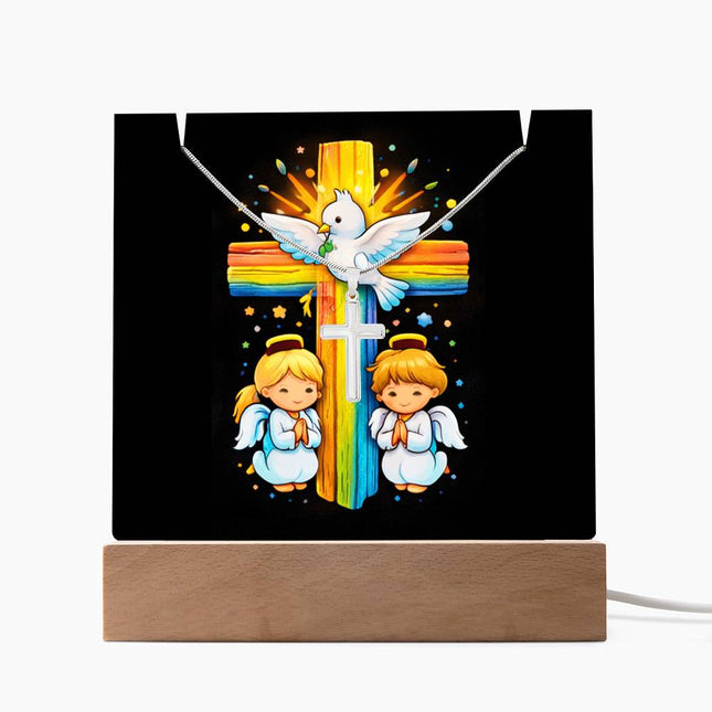 Dove & Praying Angels Rainbow Cross Acrylic Keepsake Plaque – Christian Gift for Kids
