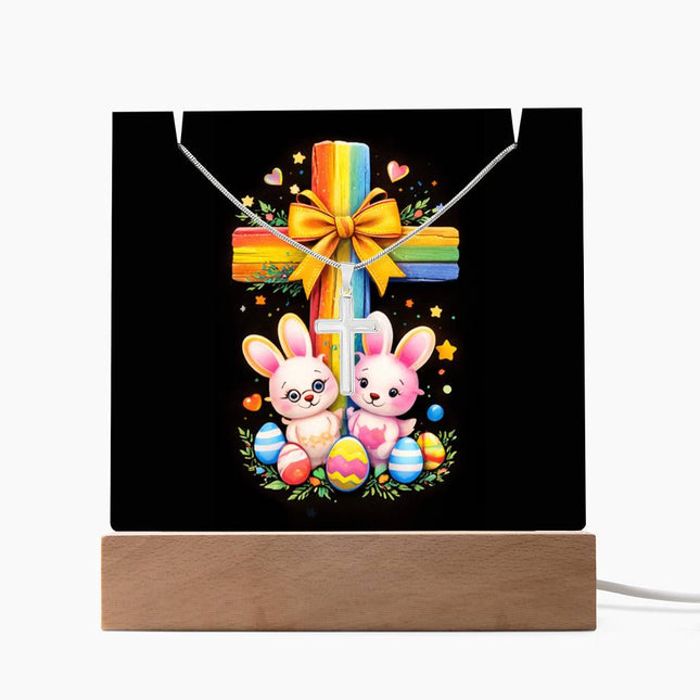 Easter Bunnies & Eggs Rainbow Cross Acrylic Keepsake Plaque – Christian Gift for Kids