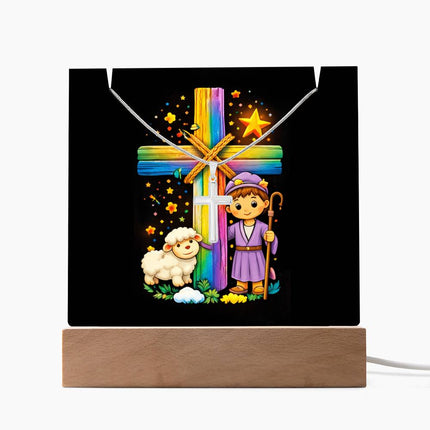 Shepherd Boy & Lamb Rainbow Cross Acrylic Keepsake Plaque – Christian Gift for Kids