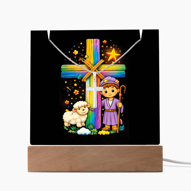 Shepherd Boy & Lamb Rainbow Cross Acrylic Keepsake Plaque – Christian Gift for Kids