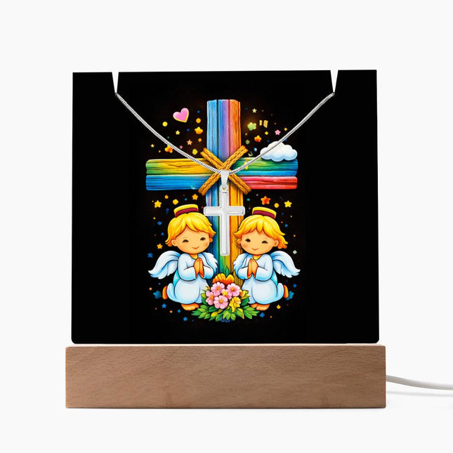 Praying Angels Rainbow Cross Acrylic Keepsake Plaque – Christian Gift for Kids