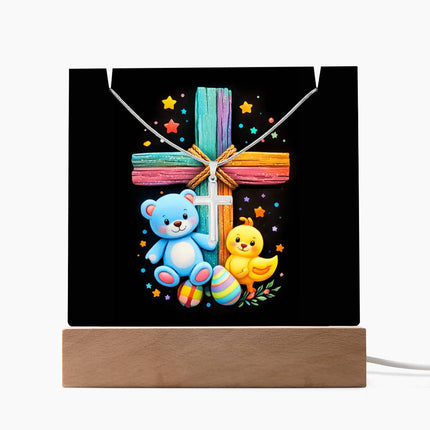 Rainbow Cross Teddy Bear & Chick Acrylic Keepsake Plaque – Christian Gift for Kids
