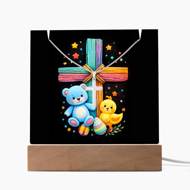 Rainbow Cross Teddy Bear & Chick Acrylic Keepsake Plaque – Christian Gift for Kids