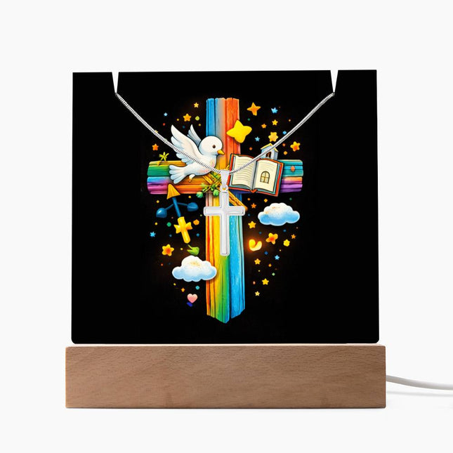Dove & Open Bible Rainbow Cross Acrylic Keepsake Plaque – Christian Gift for Kids