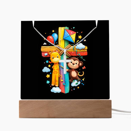 Giraffe & Monkey Rainbow Cross Acrylic Keepsake Plaque – Christian Gift for Kids