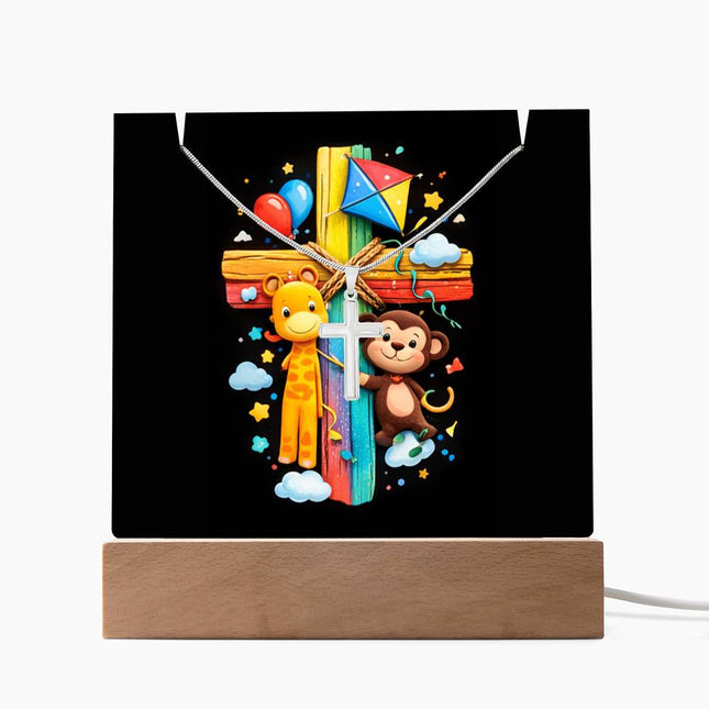 Giraffe & Monkey Rainbow Cross Acrylic Keepsake Plaque – Christian Gift for Kids