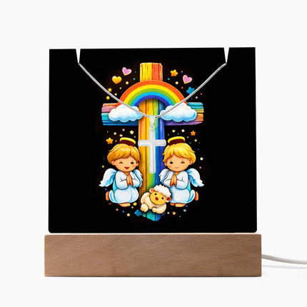 Angels & Lamb Rainbow Cross Acrylic Keepsake Plaque – Christian Gift for Kids