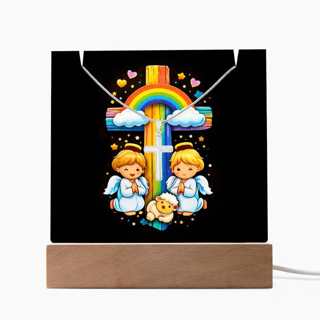 Angels & Lamb Rainbow Cross Acrylic Keepsake Plaque – Christian Gift for Kids