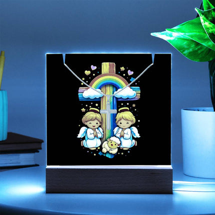 Angels & Lamb Rainbow Cross Acrylic Keepsake Plaque – Christian Gift for Kids