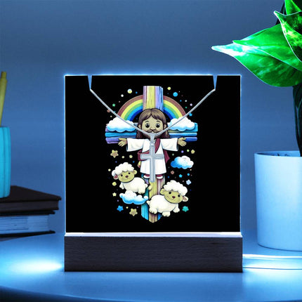 Jesus & Little Lambs Rainbow Acrylic Keepsake Plaque – Christian Gift for Kids