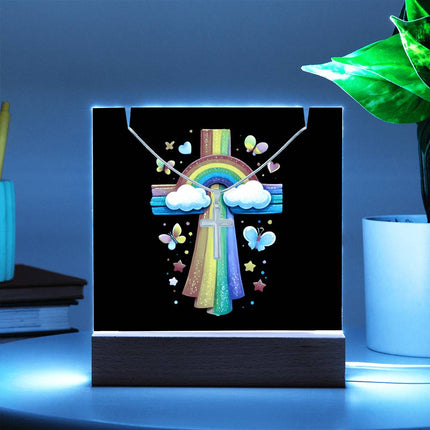 Rainbow & Clouds Cross Acrylic Keepsake Plaque – Christian Gift for Kids