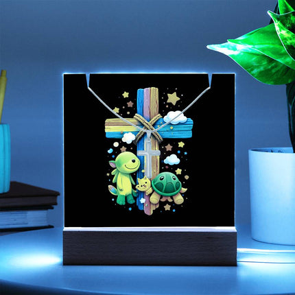 Cuddly Turtles Rainbow Cross Acrylic Keepsake Plaque – Christian Gift for Kids