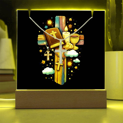 First Communion Bible & Chalice Rainbow Cross Acrylic Keepsake Plaque – Christian Gift for Kids