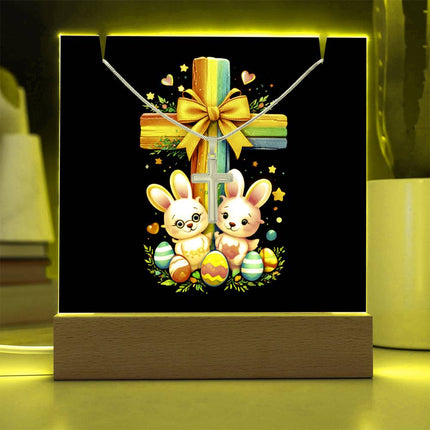 Easter Bunnies & Eggs Rainbow Cross Acrylic Keepsake Plaque – Christian Gift for Kids