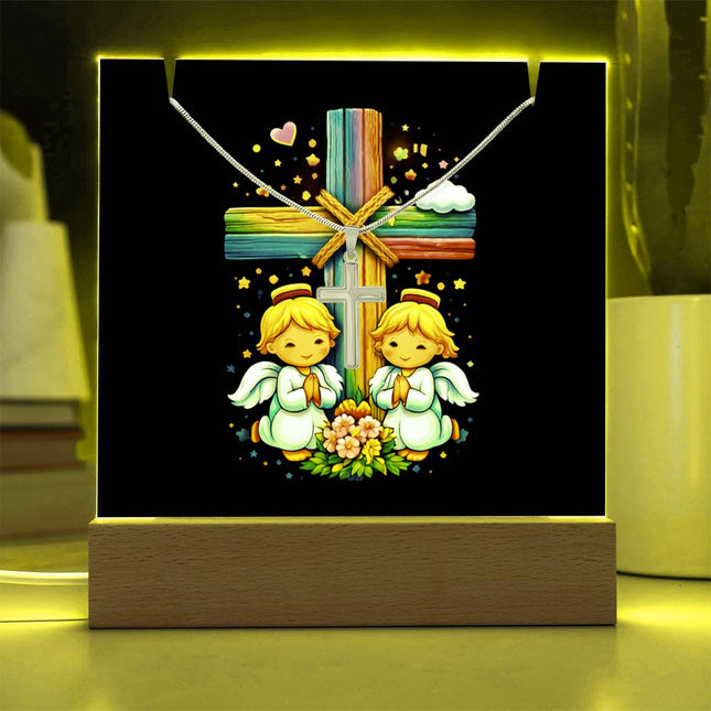 Praying Angels Rainbow Cross Acrylic Keepsake Plaque – Christian Gift for Kids