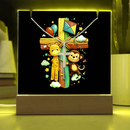 Giraffe & Monkey Rainbow Cross Acrylic Keepsake Plaque – Christian Gift for Kids
