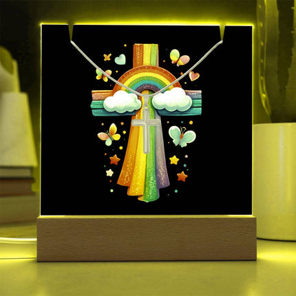 Rainbow & Clouds Cross Acrylic Keepsake Plaque – Christian Gift for Kids