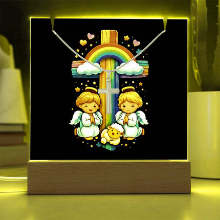 Angels & Lamb Rainbow Cross Acrylic Keepsake Plaque – Christian Gift for Kids