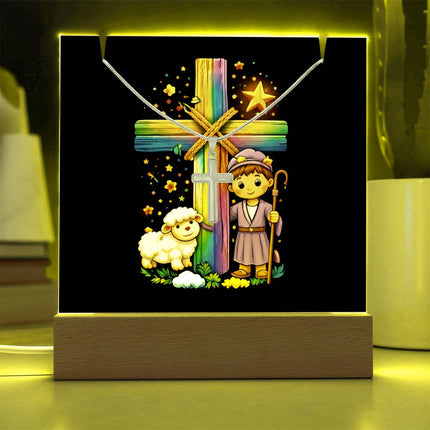 Shepherd Boy & Lamb Rainbow Cross Acrylic Keepsake Plaque – Christian Gift for Kids