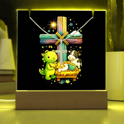 Baby Jesus Nativity & Dino Rainbow Cross Acrylic Keepsake Plaque – Christian Gift for Kids